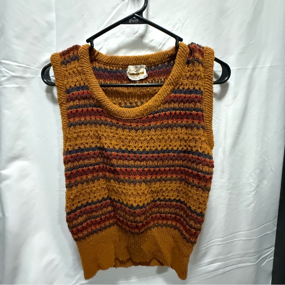 Vintage Striped Knit Vest in Mustard and Red